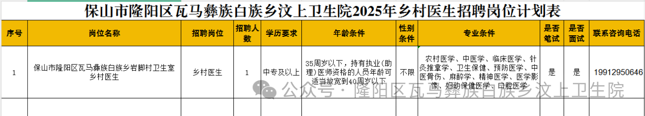 2025云南省保山市隆阳区瓦马彝族白族乡汶上卫生院乡村医生招聘公告（1人）-1.png